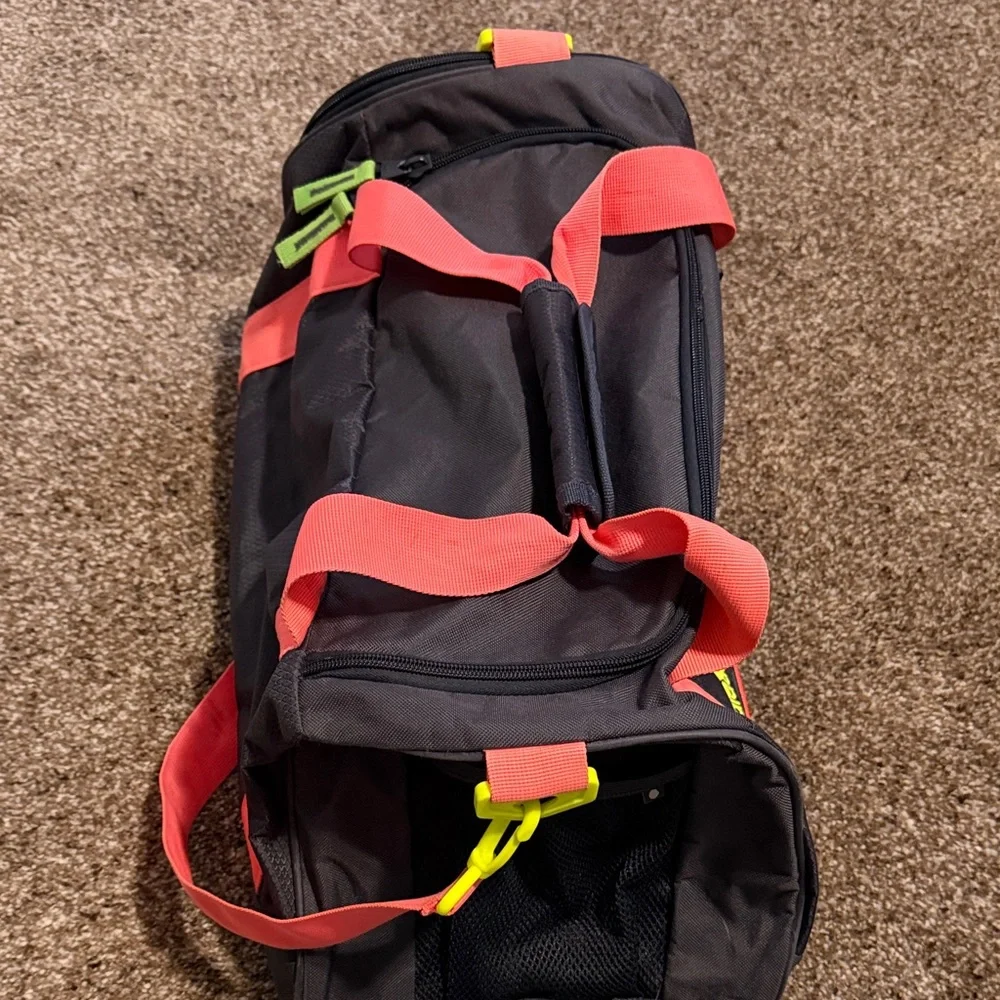 adidas Black Duffel with Coral Straps and Neon Yellow Accents